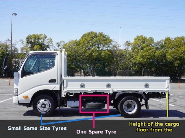 Japanese Full Flat Low truck showing uniform small tyres on all axles